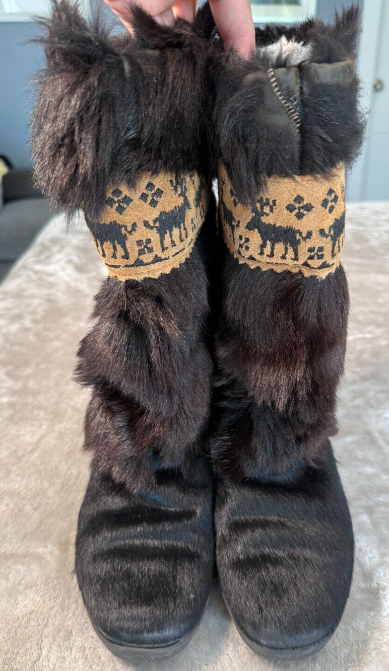 Tecnica Vintage Brown Fur Apres Ski Boots Womens Size 7 EU 38 Made In Italy